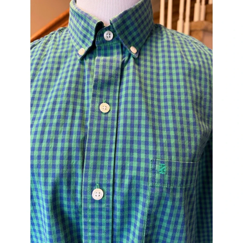 IZOD Premium Essentials Mens Medium Gingham Button Down Shirt Green Navy Blue